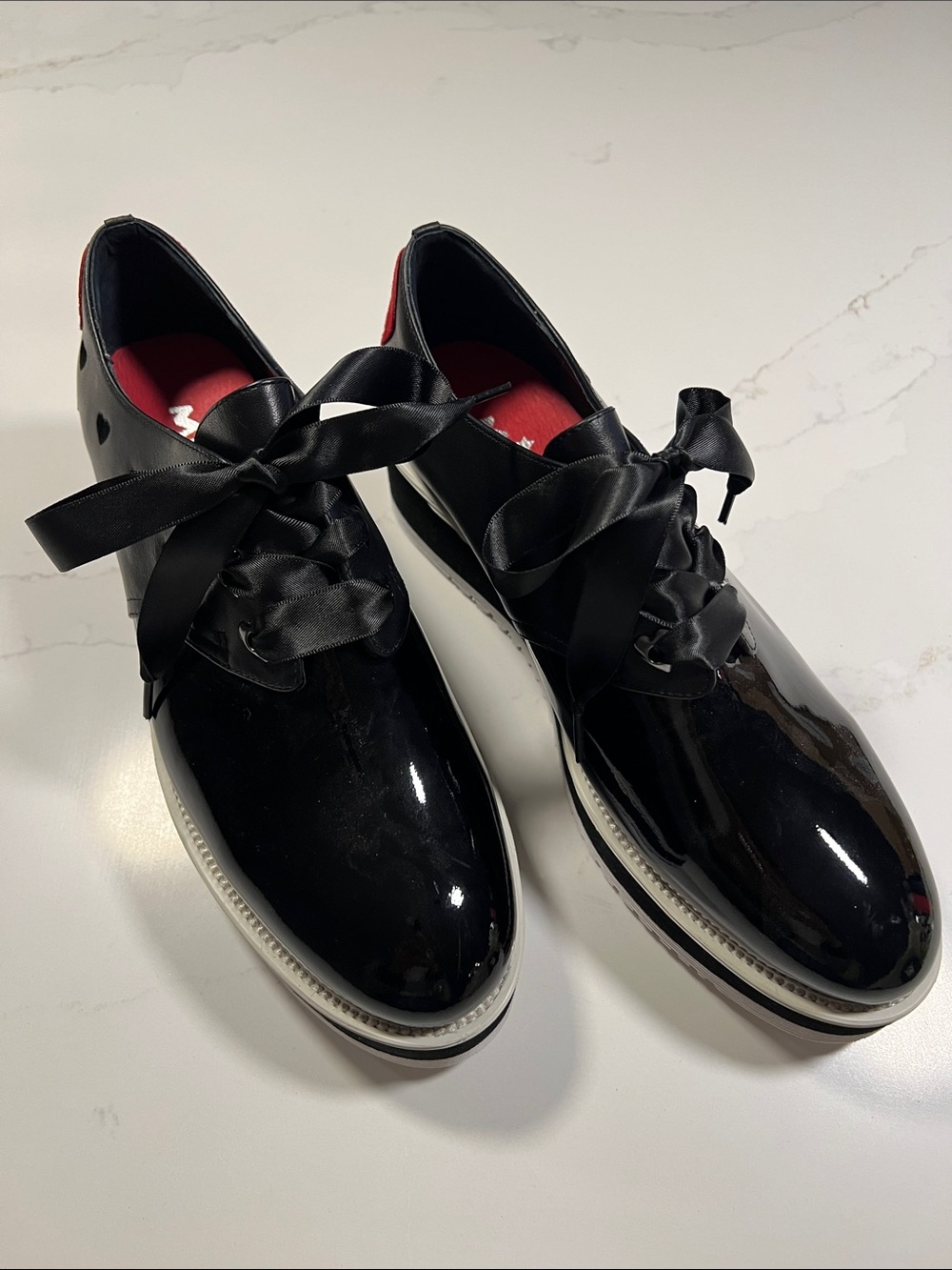Women's Black Patent Ribbon Lace Flats